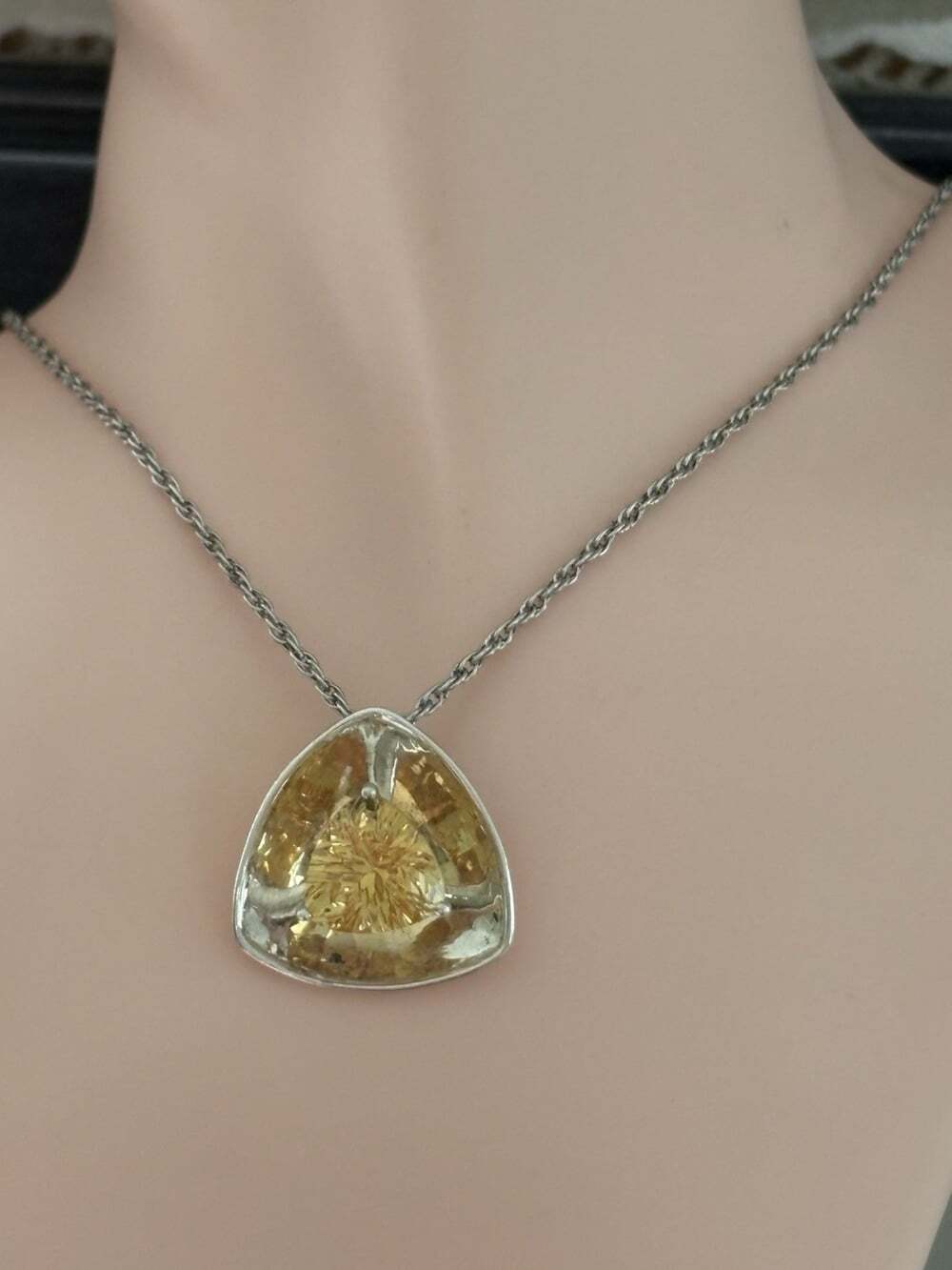 Bold Trillion Cut Golden Topaz Sterling Triangle Pendant & Open Rope Chain 24"